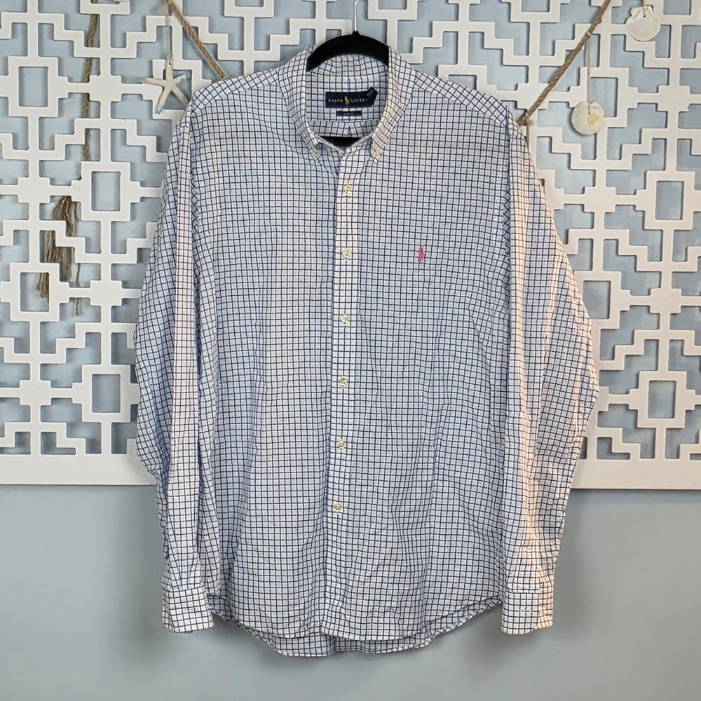 Polo Ralph Lauren Mens XL Slim Fit Blue White Check Tattersall Button Down Shirt